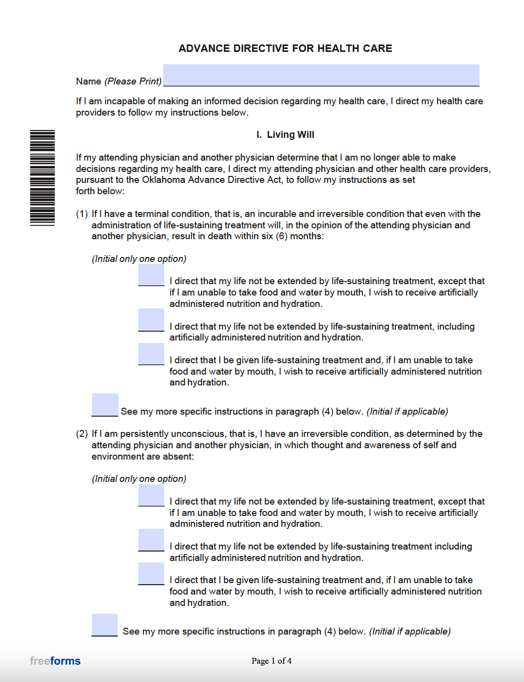 Free Oklahoma Advance Directive Form (Medical POA & Living Will) PDF