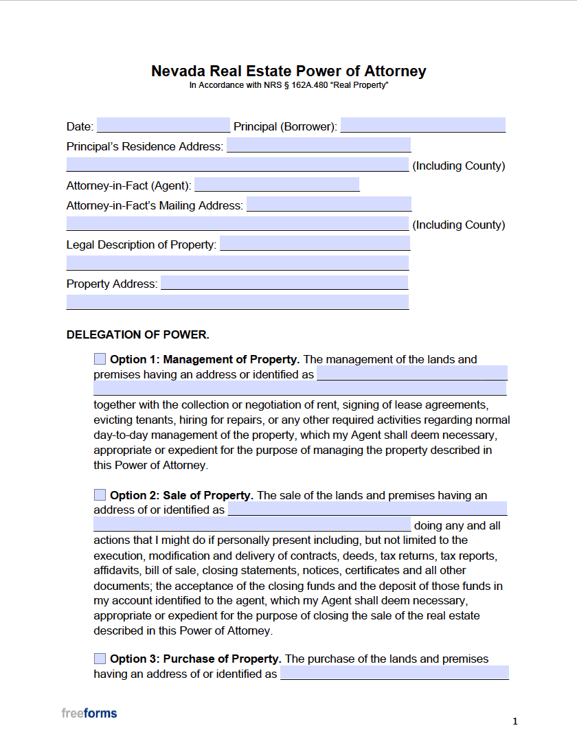 Free Nevada Real Estate Power of Attorney Form PDF WORD