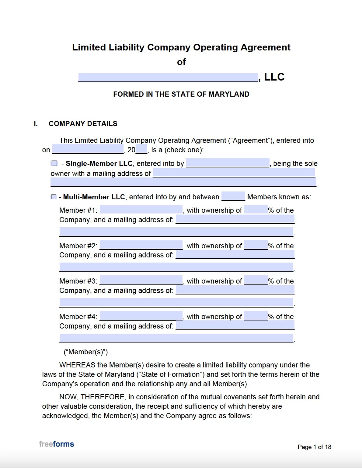 Free Maryland LLC Operating Agreement Template PDF WORD