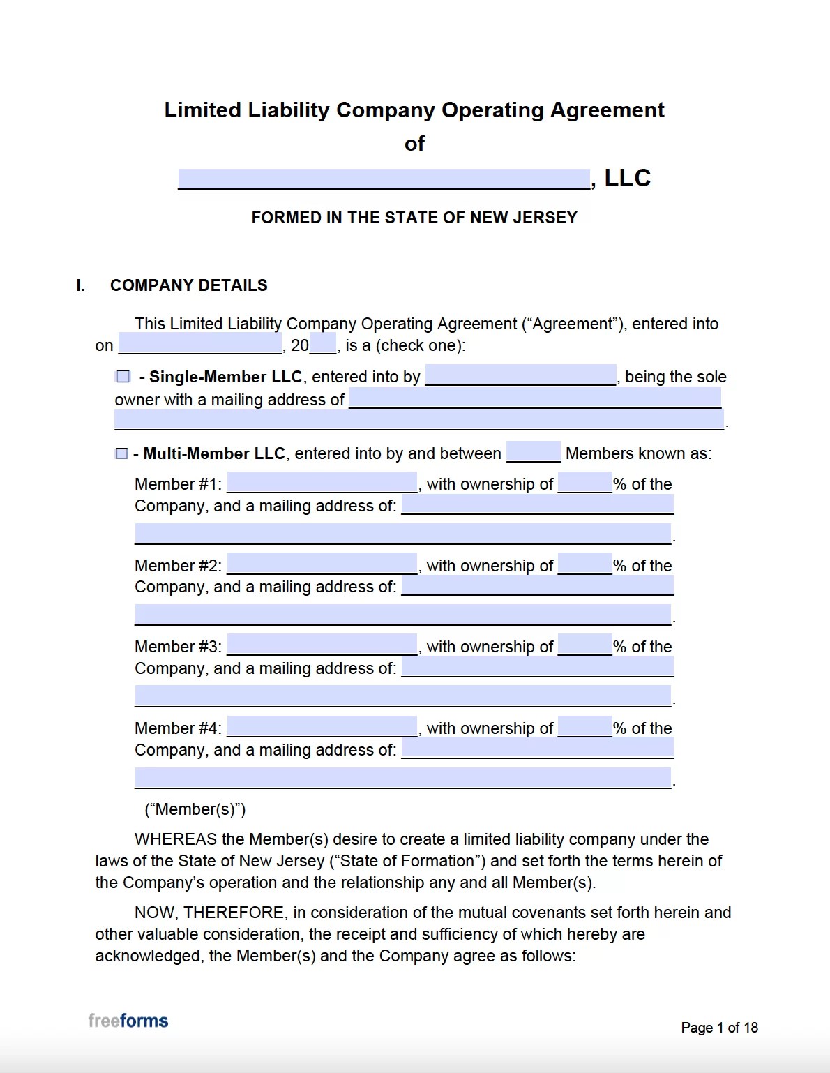 Free New Jersey LLC Operating Agreement Template PDF WORD
