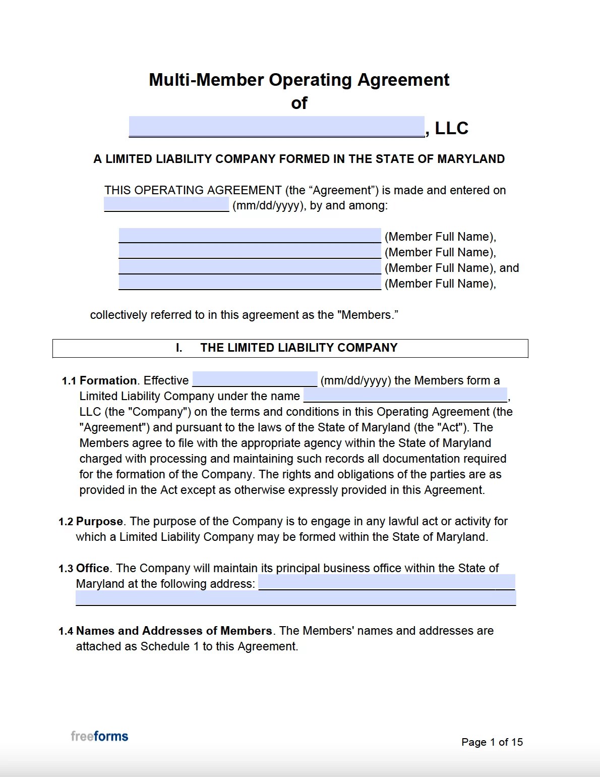 Free Maryland MultiMember LLC Operating Agreement Form PDF WORD