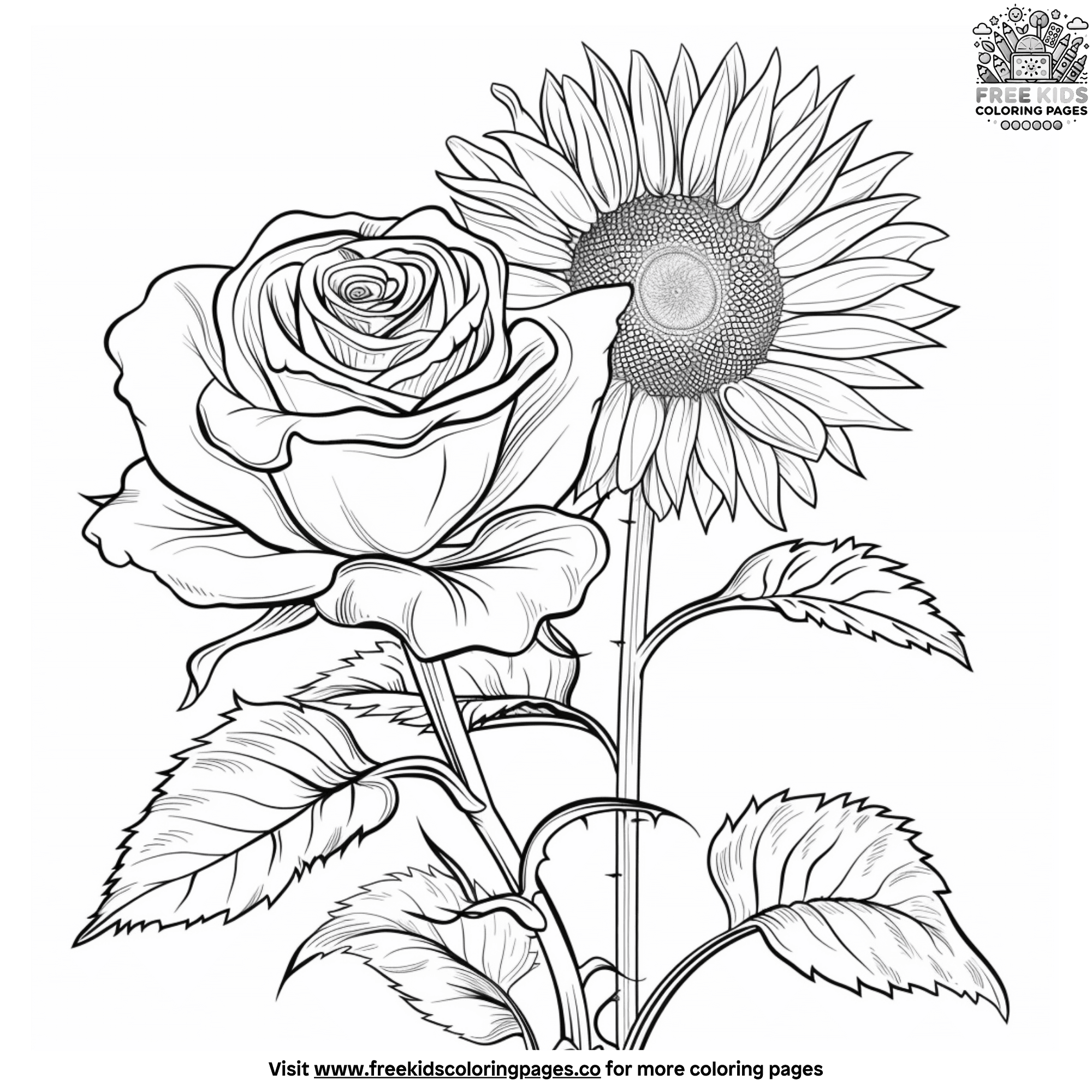Sunflower And Rose Petals Coloring Pages