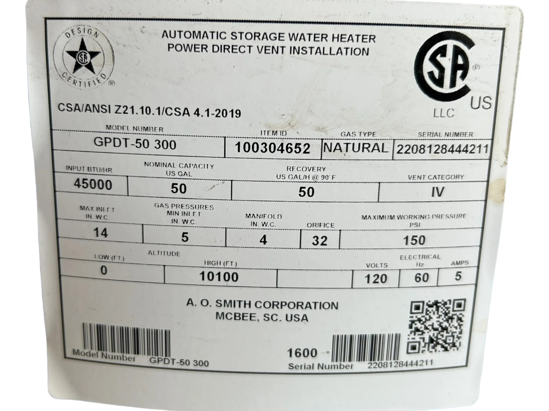 AO Smith, GPDT50 30, ProLine, XE, 50Gallon, Power Direct Vent