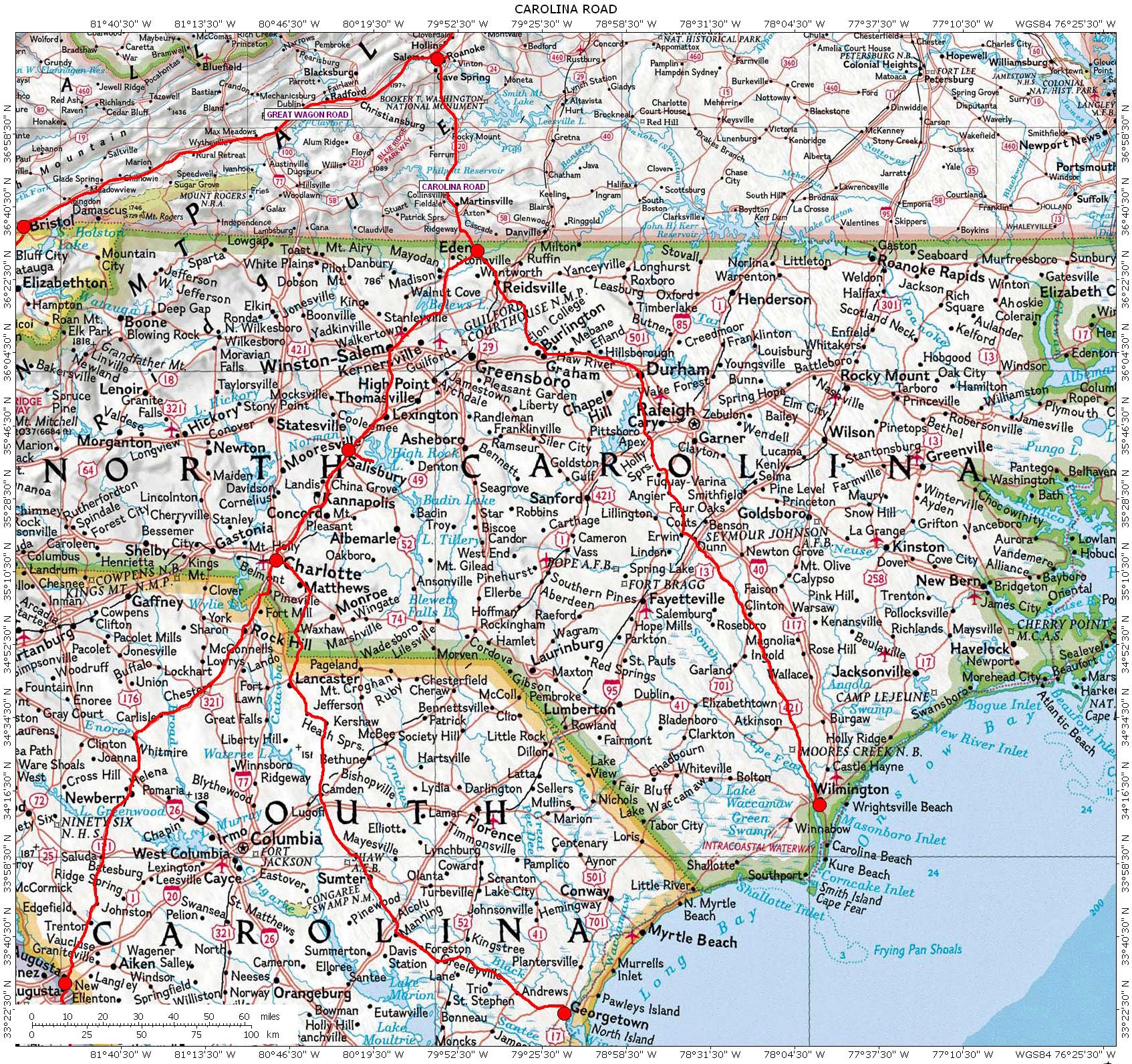 Road Map Of Virginia And North Carolina Historic Roads, Trails, Paths, Migration Routes: Virginia, Carolina, Georgia