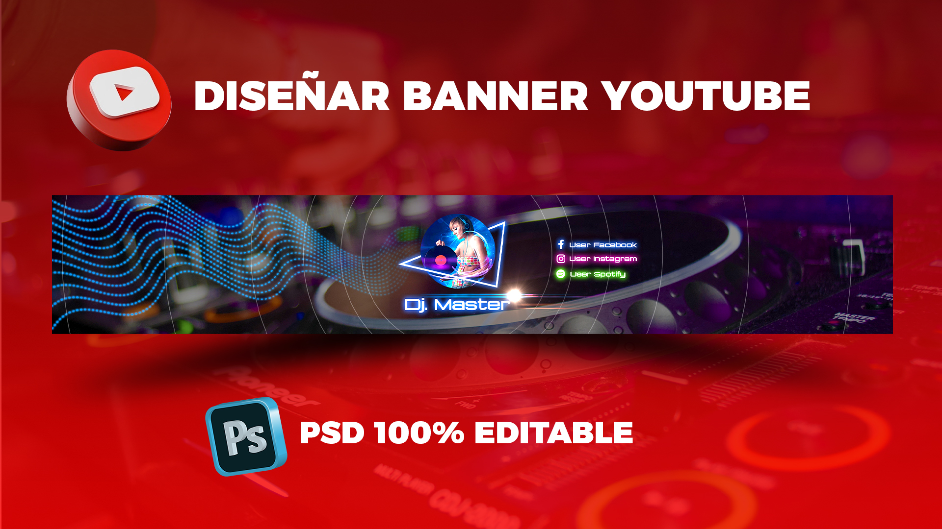 Plantilla PSD Banner para Youtube Dj. Music. Rock. FreePsAi