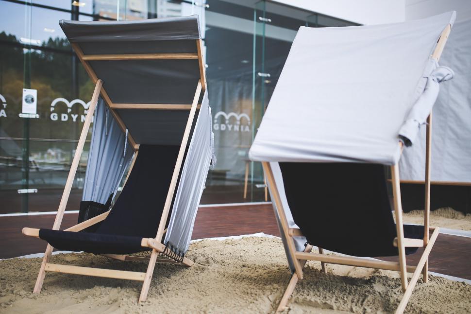 Free Stock Photo of Holiday Shade Sun beach chairs chillout design
