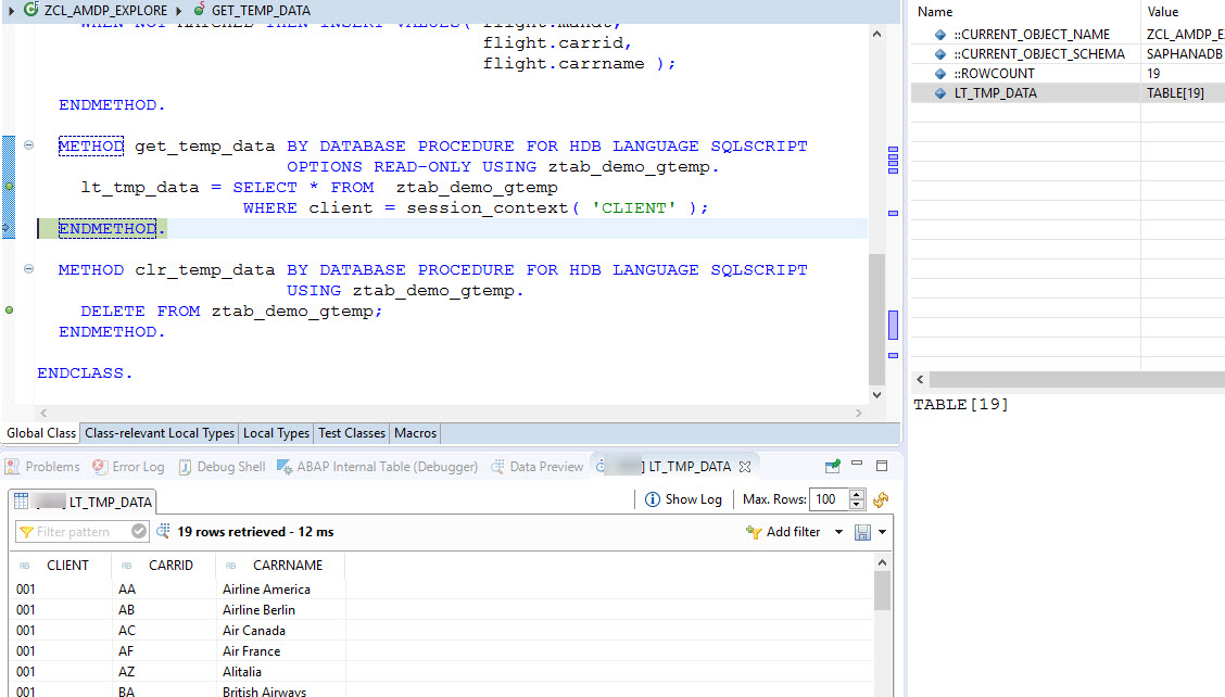 HANA SQL Global Temporary Table SAPCODES