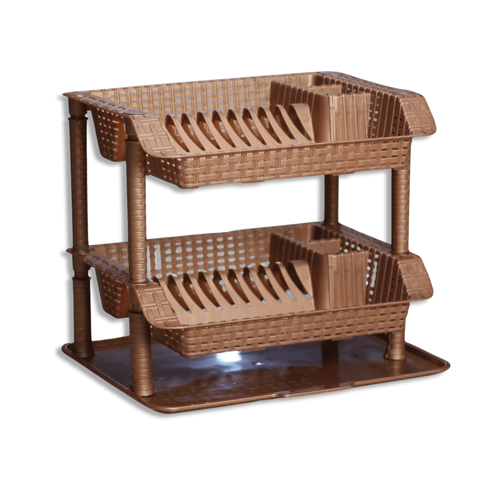 2 Layers Light Brown Rattan Plastic Dish Rack