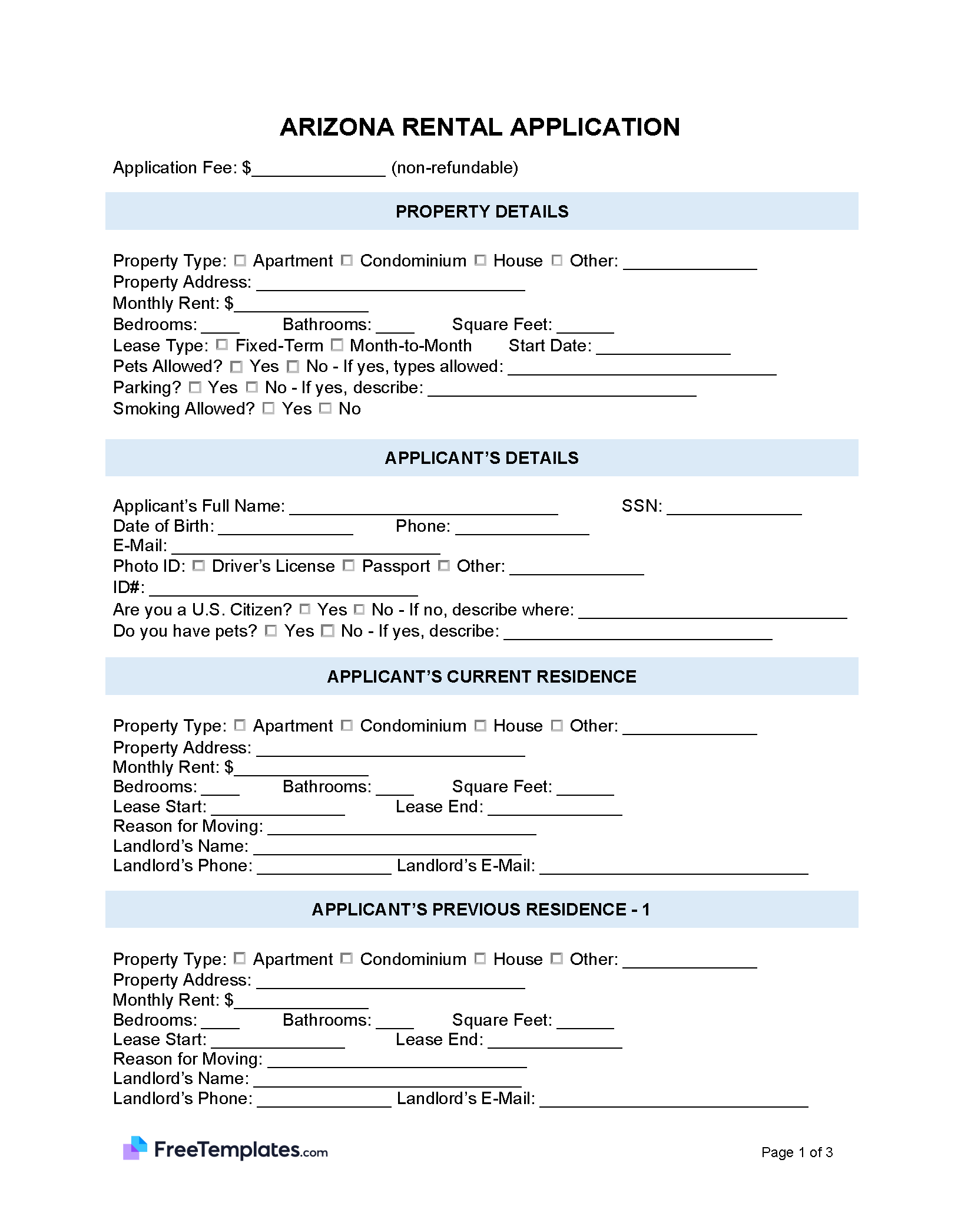 Arizona Rental Application Form PDF Word