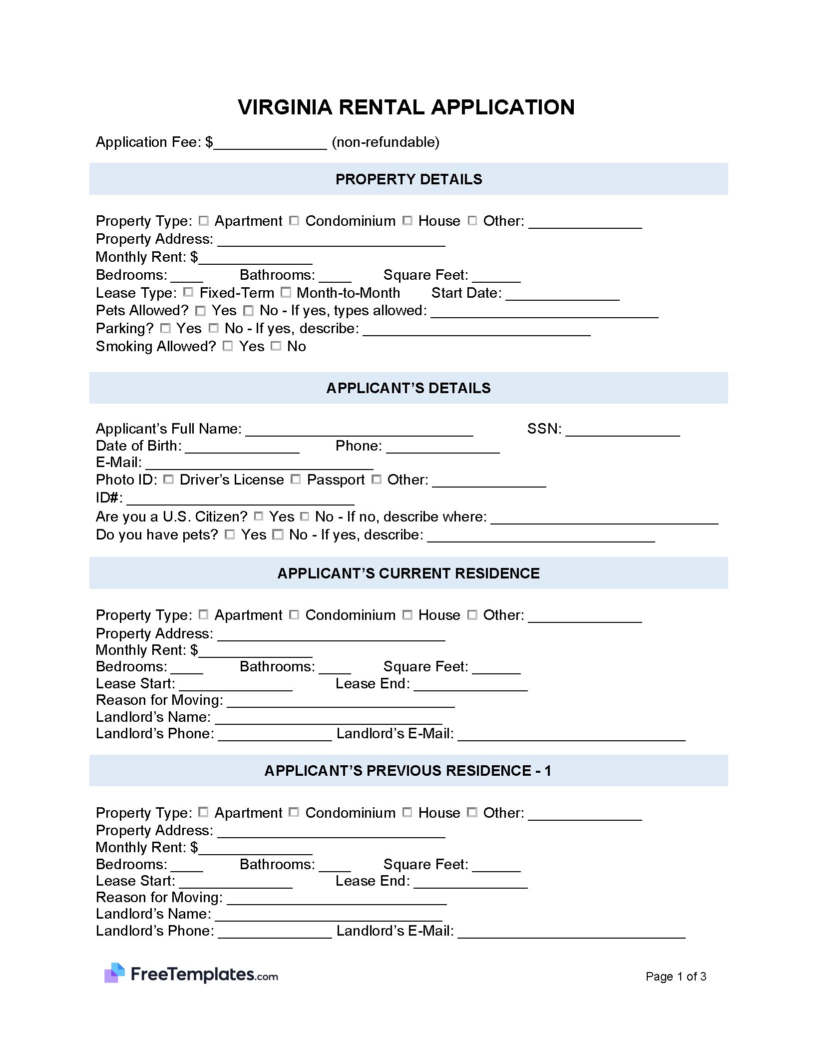 Virginia Rental Application Form PDF Word