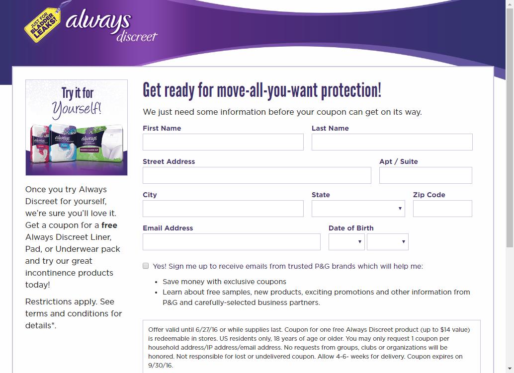 Coupon for one free Always Discreet product FREE THINGY