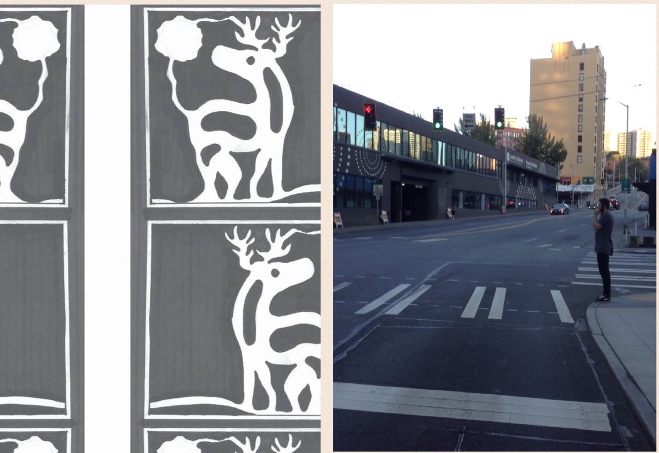 The “White Deer Crossing” in honor of John T. Williams will feature repeating images similar to the ones on the left to form a crosswalk on the north side of Howell Street. This is the same crosswalk Williams used seconds before he was shot by Officer Ian Birk. (Photo on left courtesy White Deer Crossing Project/Photo on right by Frank Hopper).