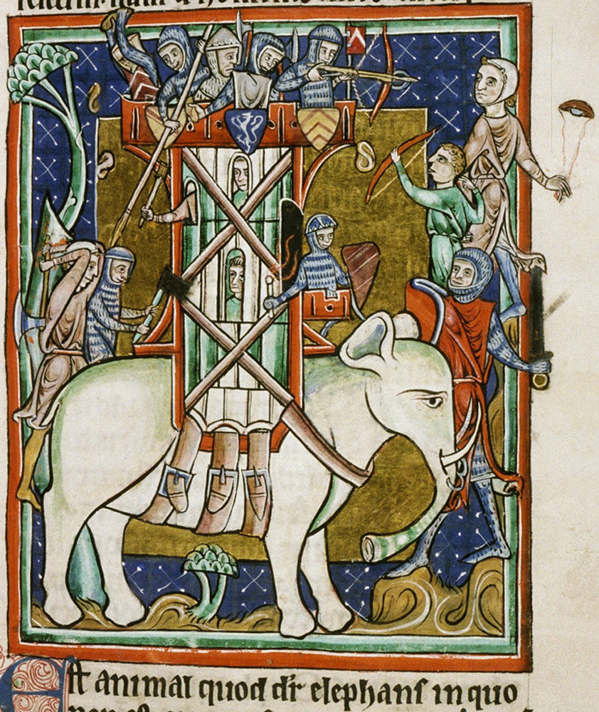 Bodleian: In India, soldiers fight from a castle mounted on the back of an elephant. The tusks of the elephant come out of its trunk rather than its mouth.