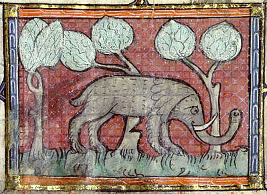 Bibliothèque Nationale de France, fr. 1951, Folio 19r. An elephant leans on a partially cut through tree.