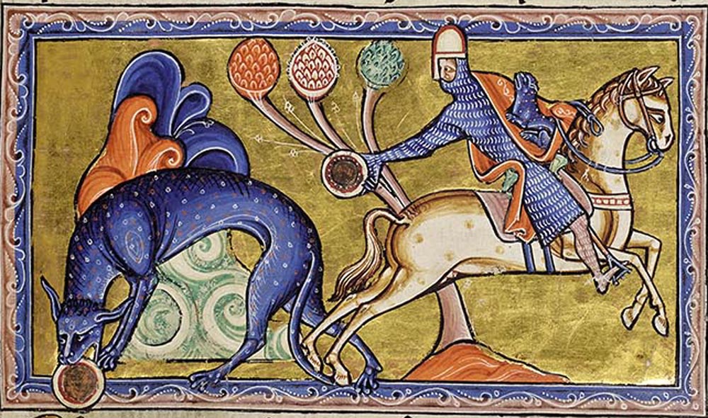 The lion's enemies. The tiger. The horseman has stolen a cub and has been pursued by the tiger. The thief can stop the tiger by a trick: he throws down a glass sphere and the tiger, seeing its own reflection, stops to nurse the sphere like a cub. She ends by losing both her revenge and her child. 