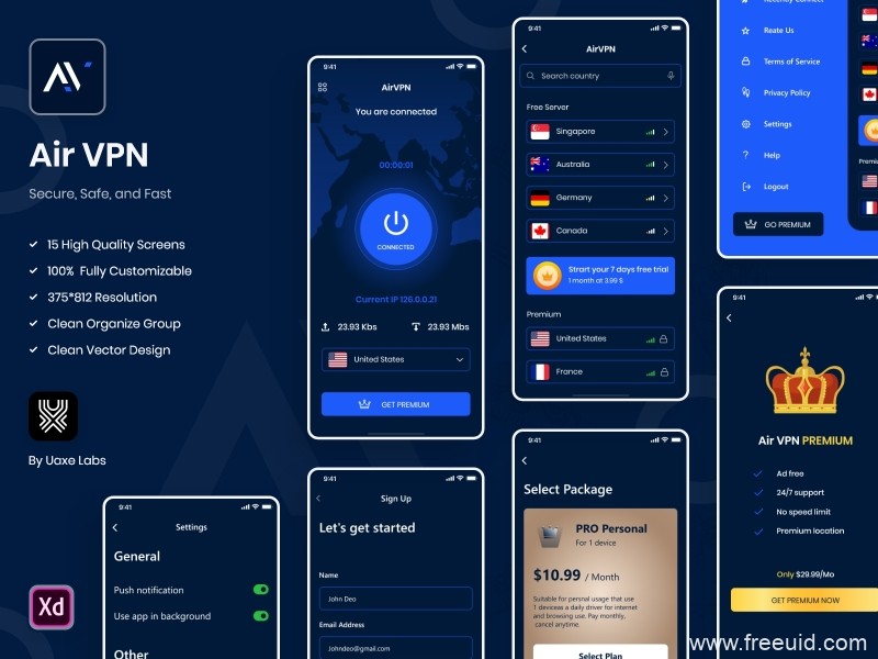 一套vpn应用app UI设计源文件下载，移动vpn服务app UI资源下载，vpn UI素材xd源文件下载 FreeUID，免费UI资源下载