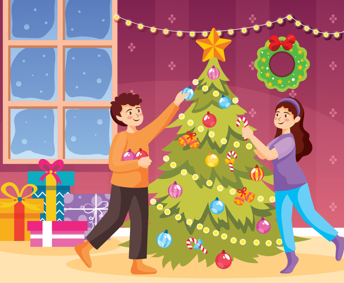 Couple Decorating Christmas Tree At Home FreeVectors