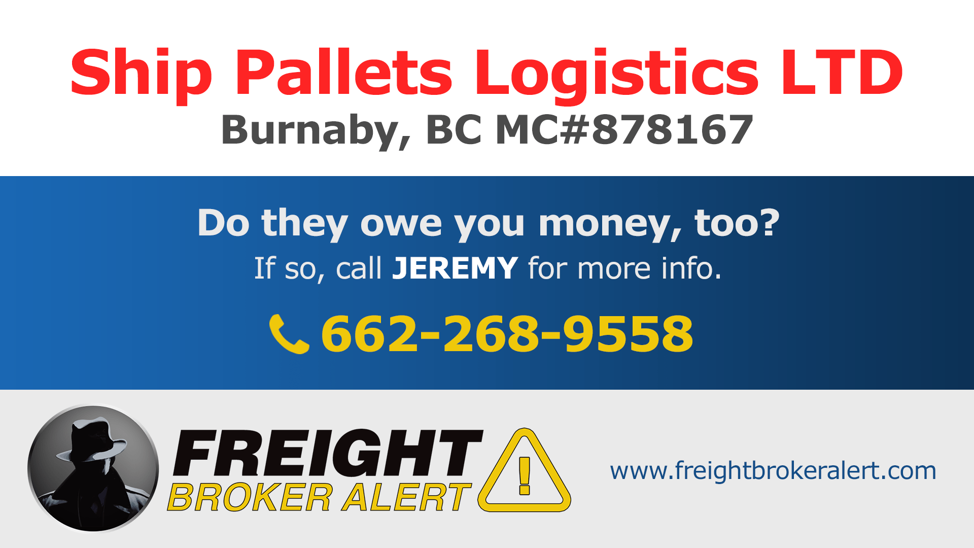 Ship Pallets Logistics LTD Freight Broker Alert