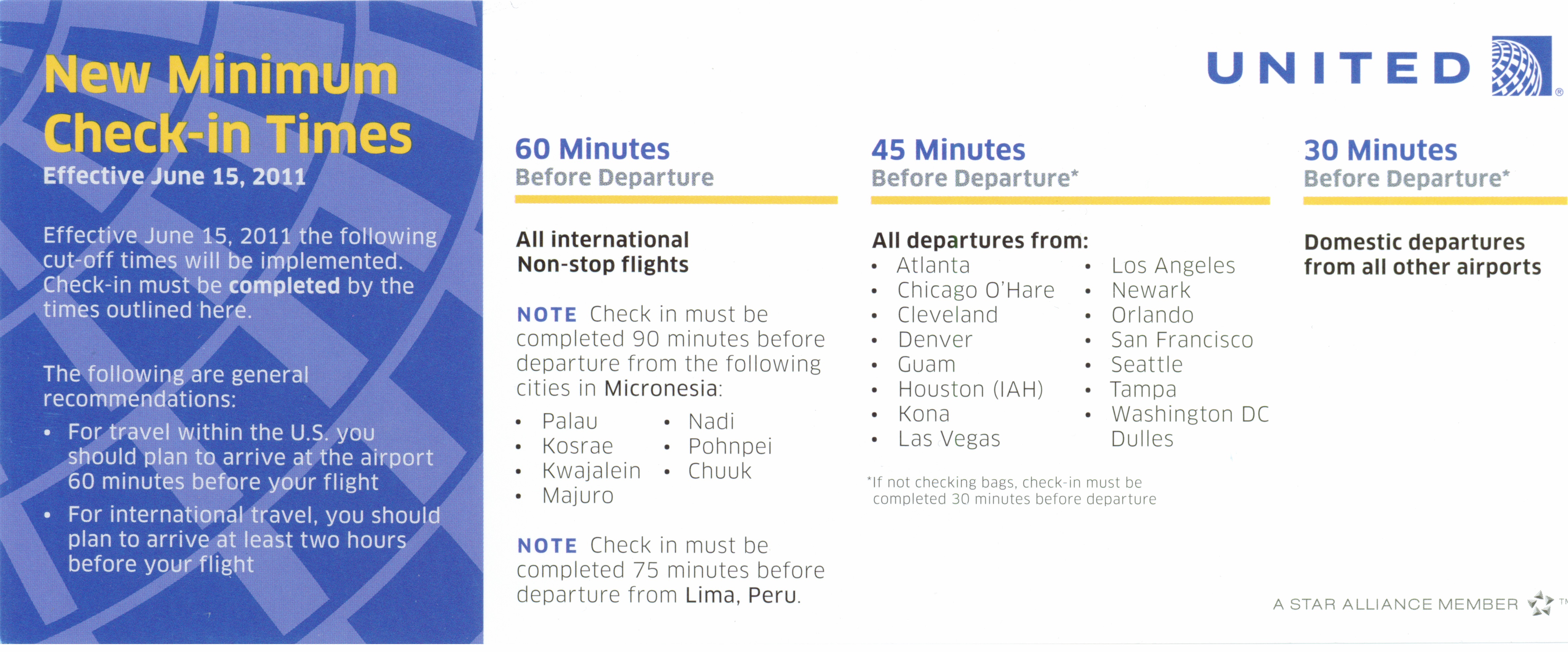 New United Airlines minimum checkin times started June 15, 2011