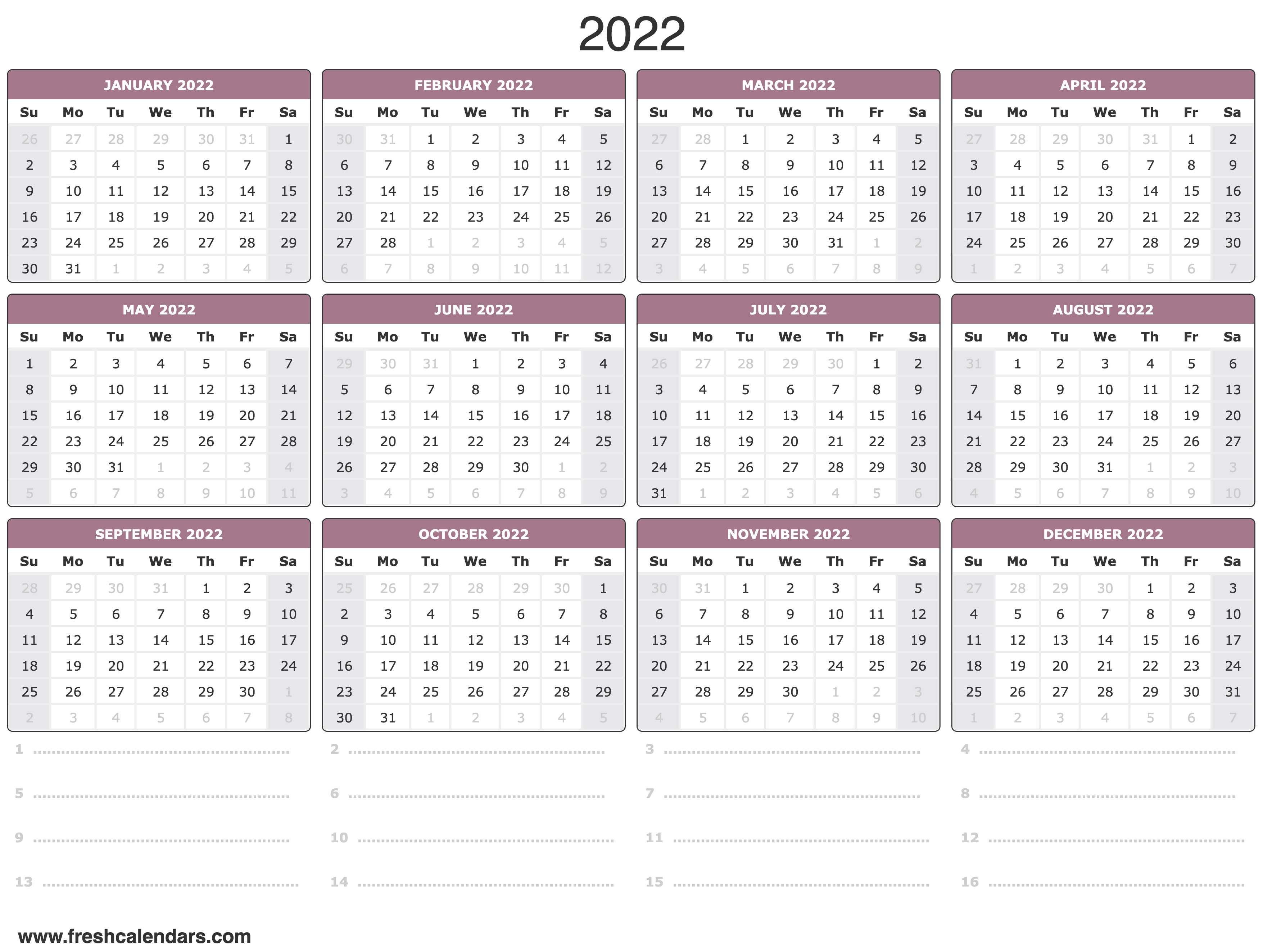 Free Printable Year 2022 Calendar