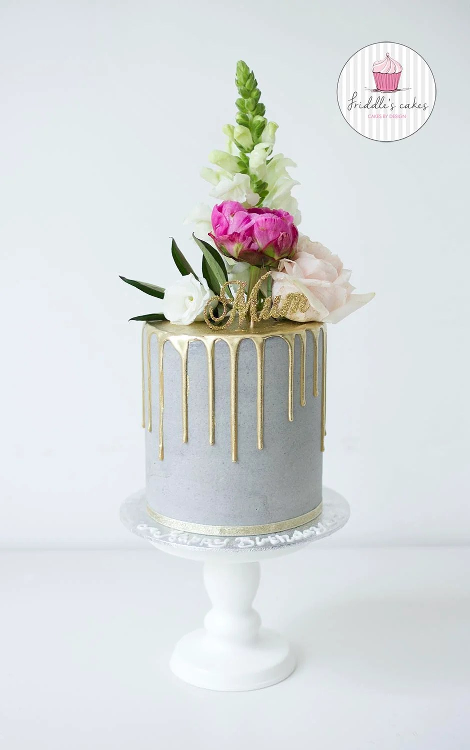 grey gold mini cake Friddle's Cakes