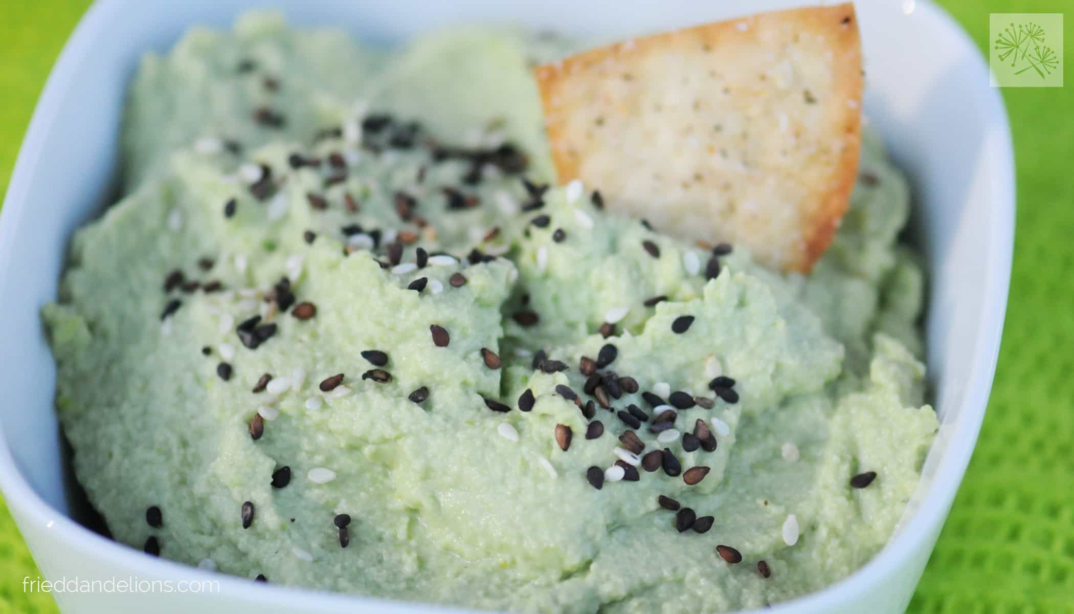 Edamame Puree—Virtual Vegan Potluck fried dandelions