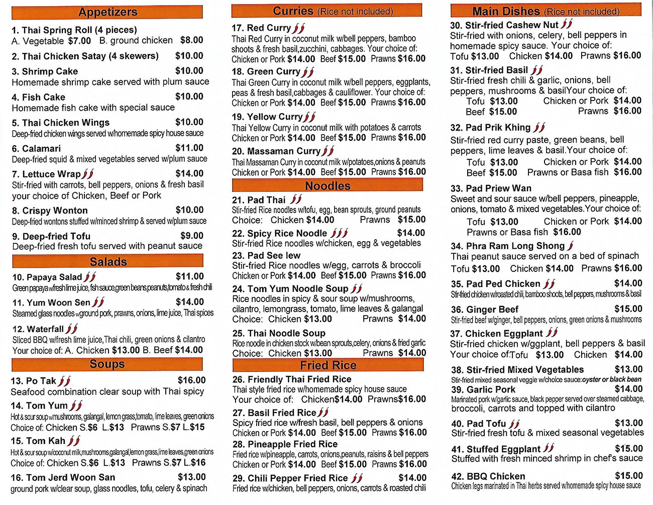 Take Out Menu Friendly Thai Restaurant