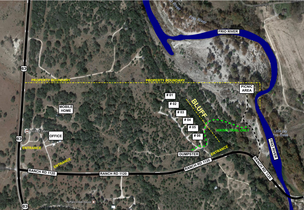 Map of Frio Bluff Cabins, 1,000 feet of private water frontage on the