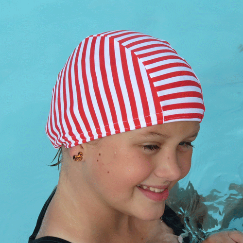 Red and White Stripes lycra swim cap