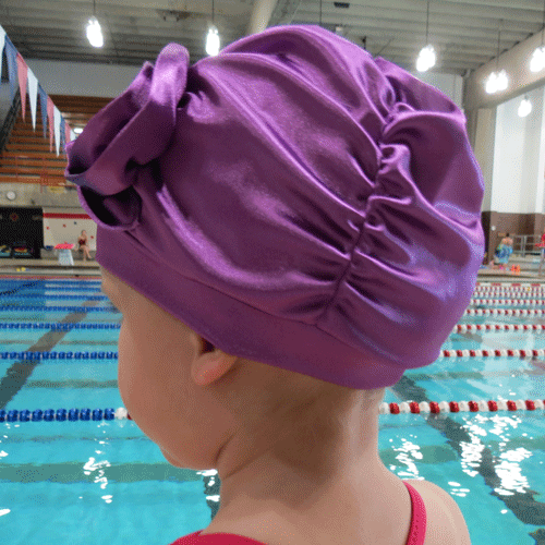 Fancy Ruched Plum Lycra Swim Cap with Flower