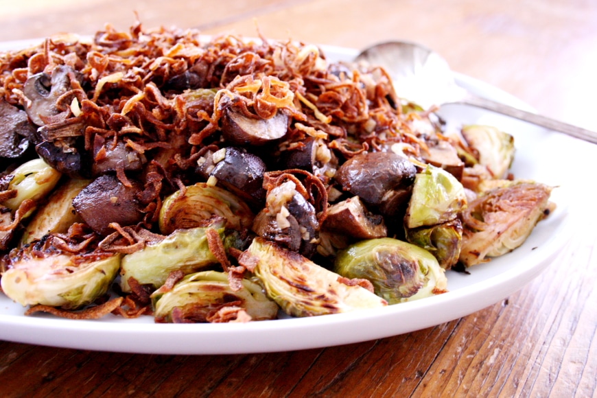 Caramelized Brussels Sprouts & Mushrooms with Fried Shallots From