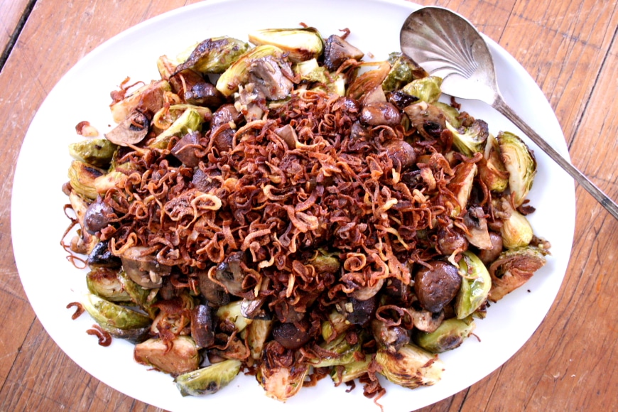 Caramelized Brussels Sprouts & Mushrooms with Fried Shallots From