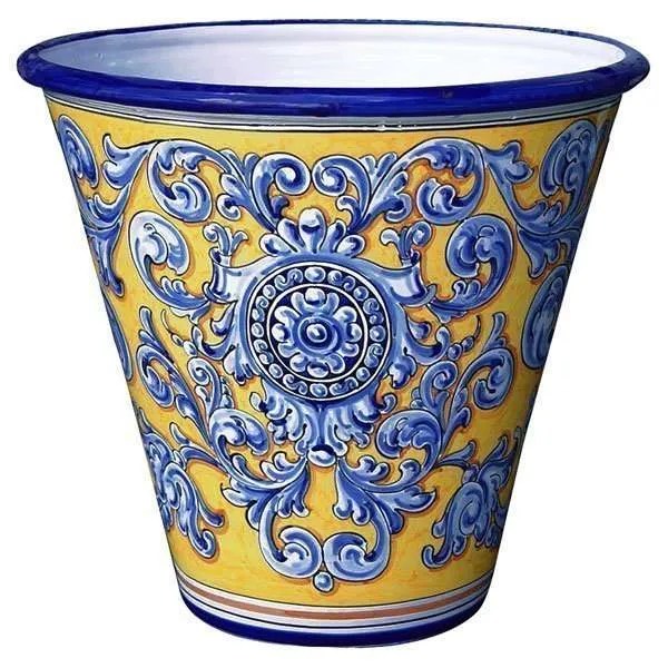13 inch Ceramic Garden Planter. Yellow & Blue From Spain Ceramics