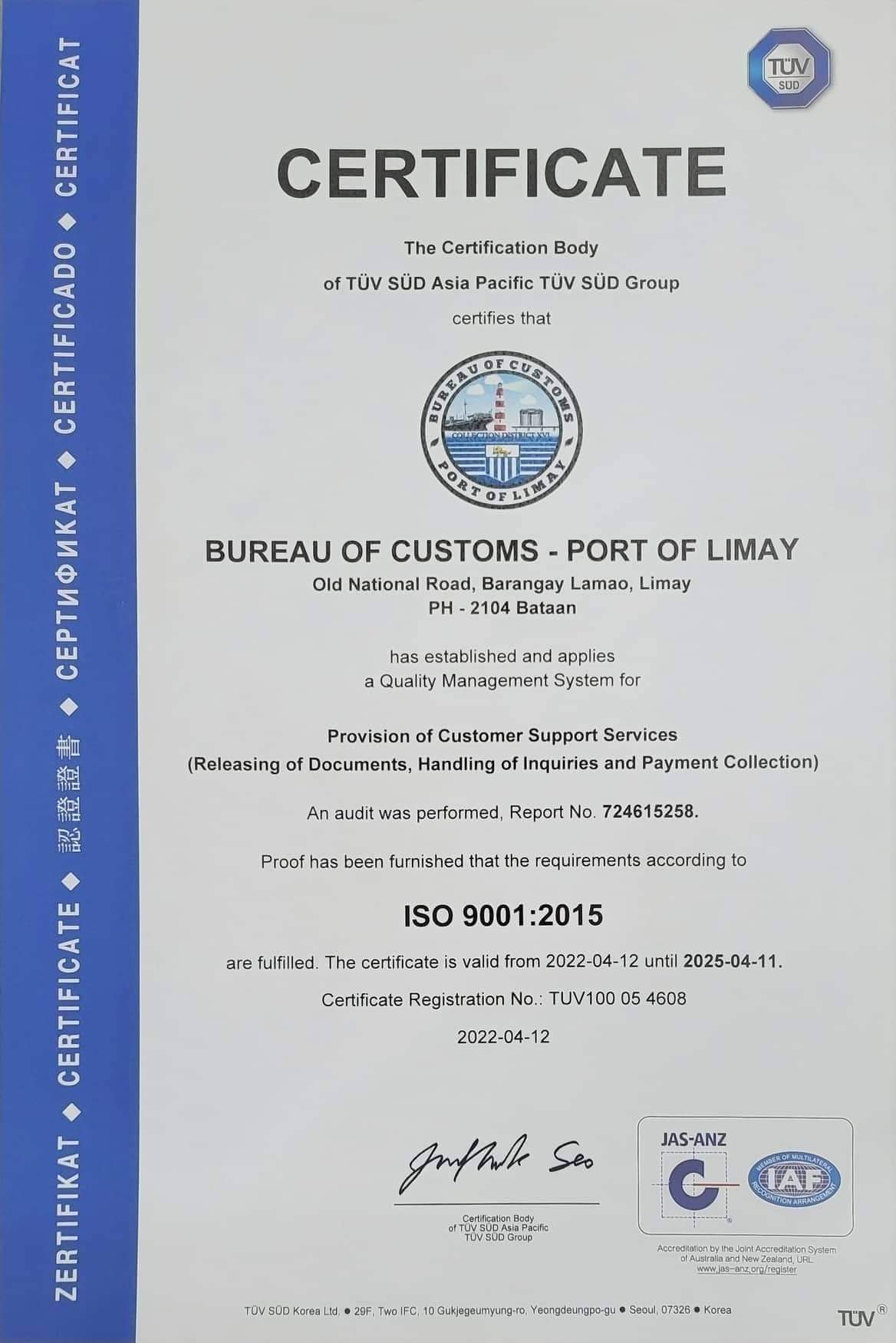 Prestigious ISO certification awarded to BOC Port of Limay FrontpagePH