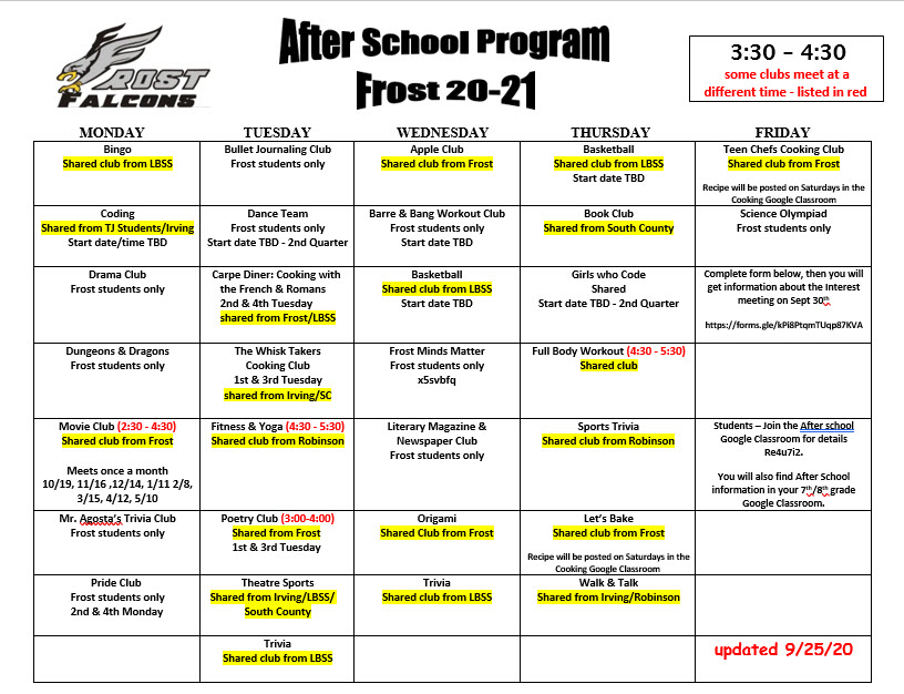 After School Club List Frost Middle School