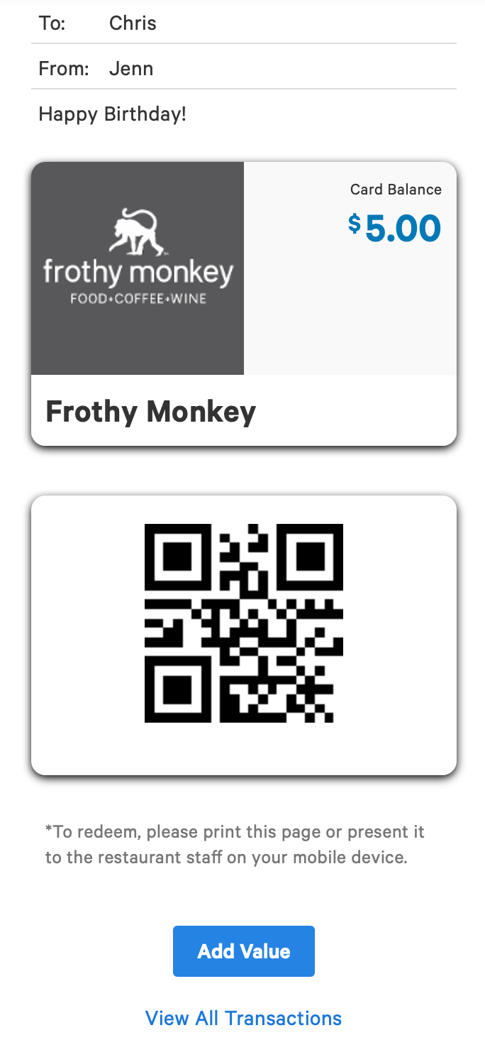 Digital Gift Card Frothy Monkey