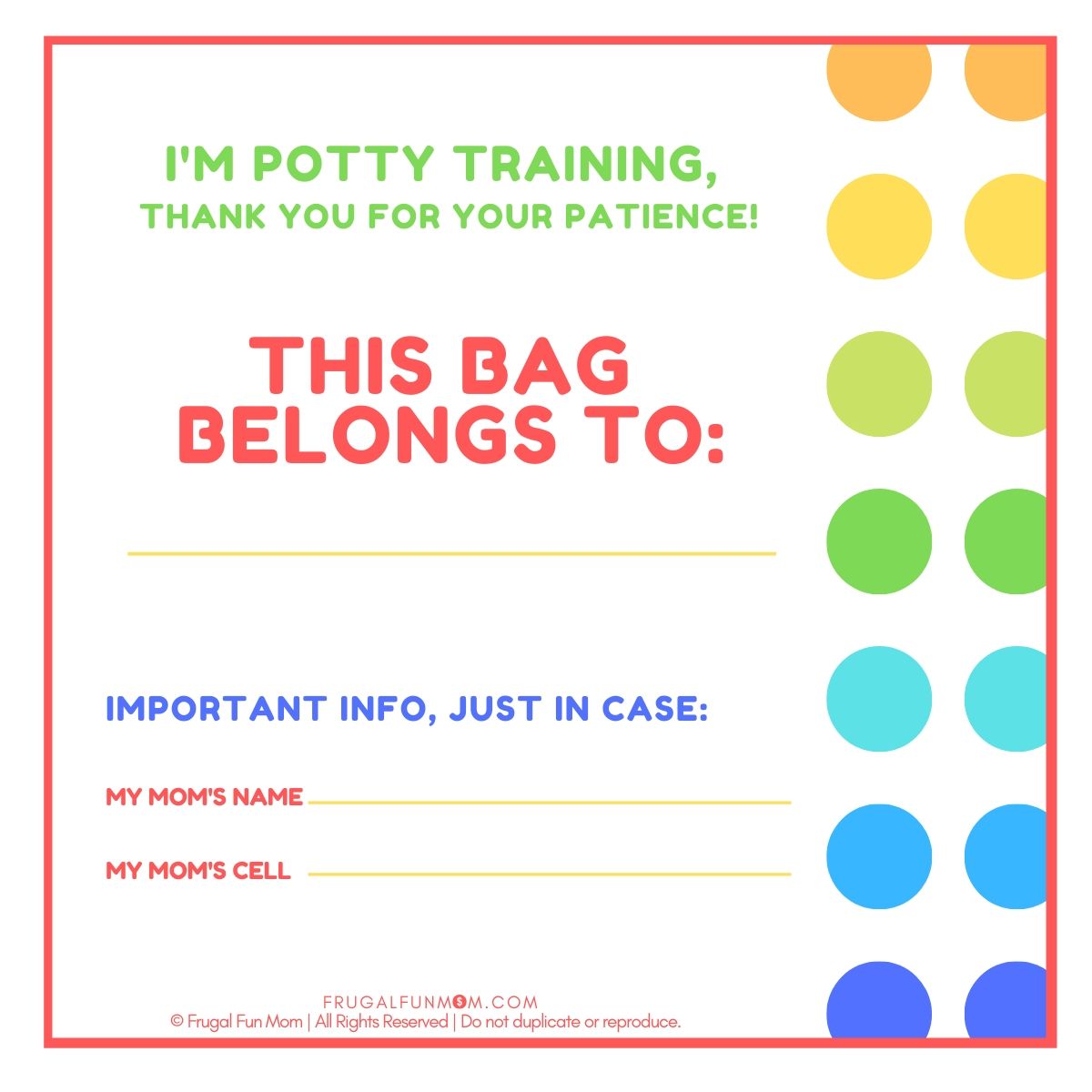 Potty Training Bag Tag FAB Party Planning Mom