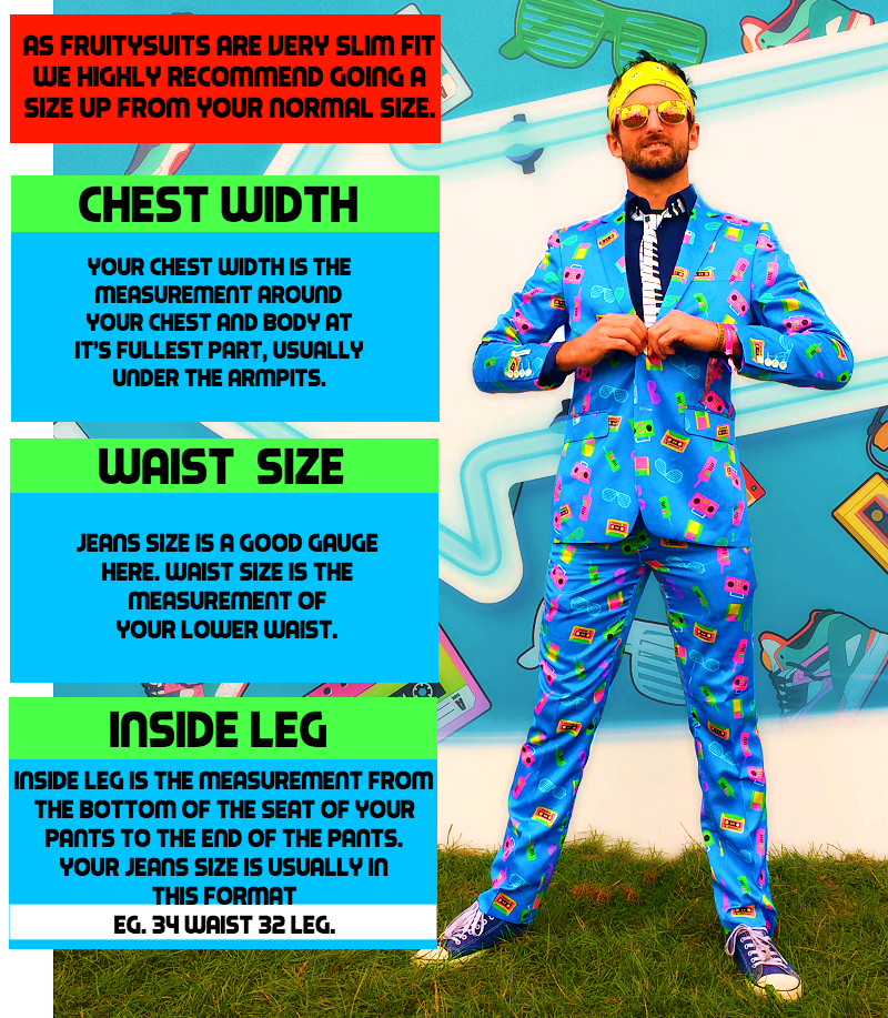 Sizes Our party suits come in a range of slim fit suit sizes from 36