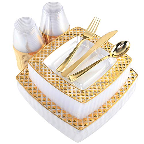 WDF 150PCS Gold Plastic Plates with Disposable Plastic Silverware&Cups, Diamond Square Clear