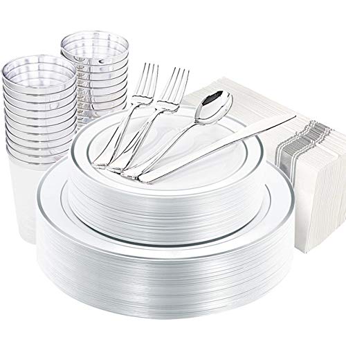 200 Disposable Silver Plastic Plates, Silver Plastic Silverware, Silver Plastic Cups, Silver