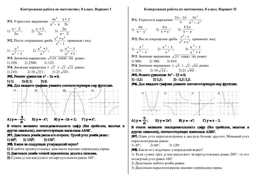 Итоговая контрольная работа по математике за I четверть (8 класс)