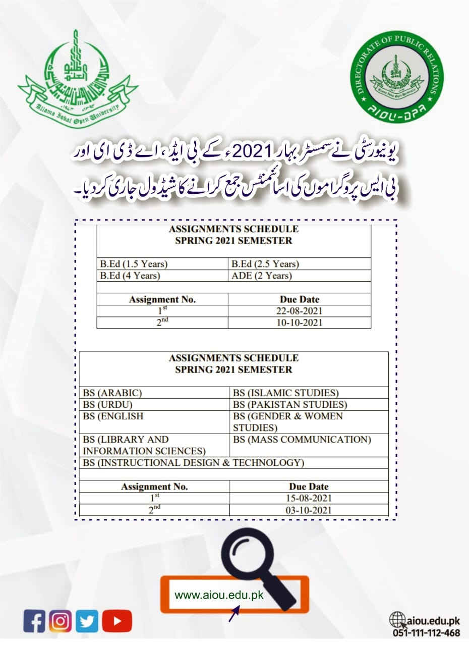 AIOU Assignment Schedule For Spring 2021 of BS ADE & B.Ed