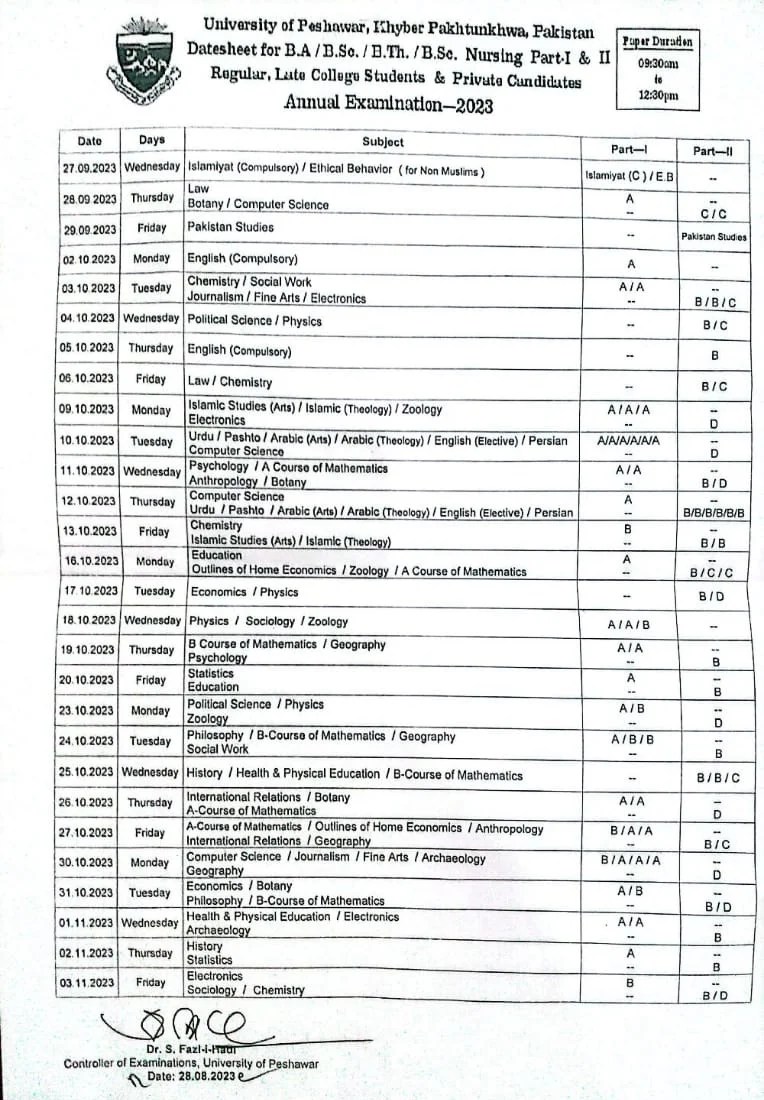 UOP Issued Annual Exam Date sheet 2023 of Various Programs