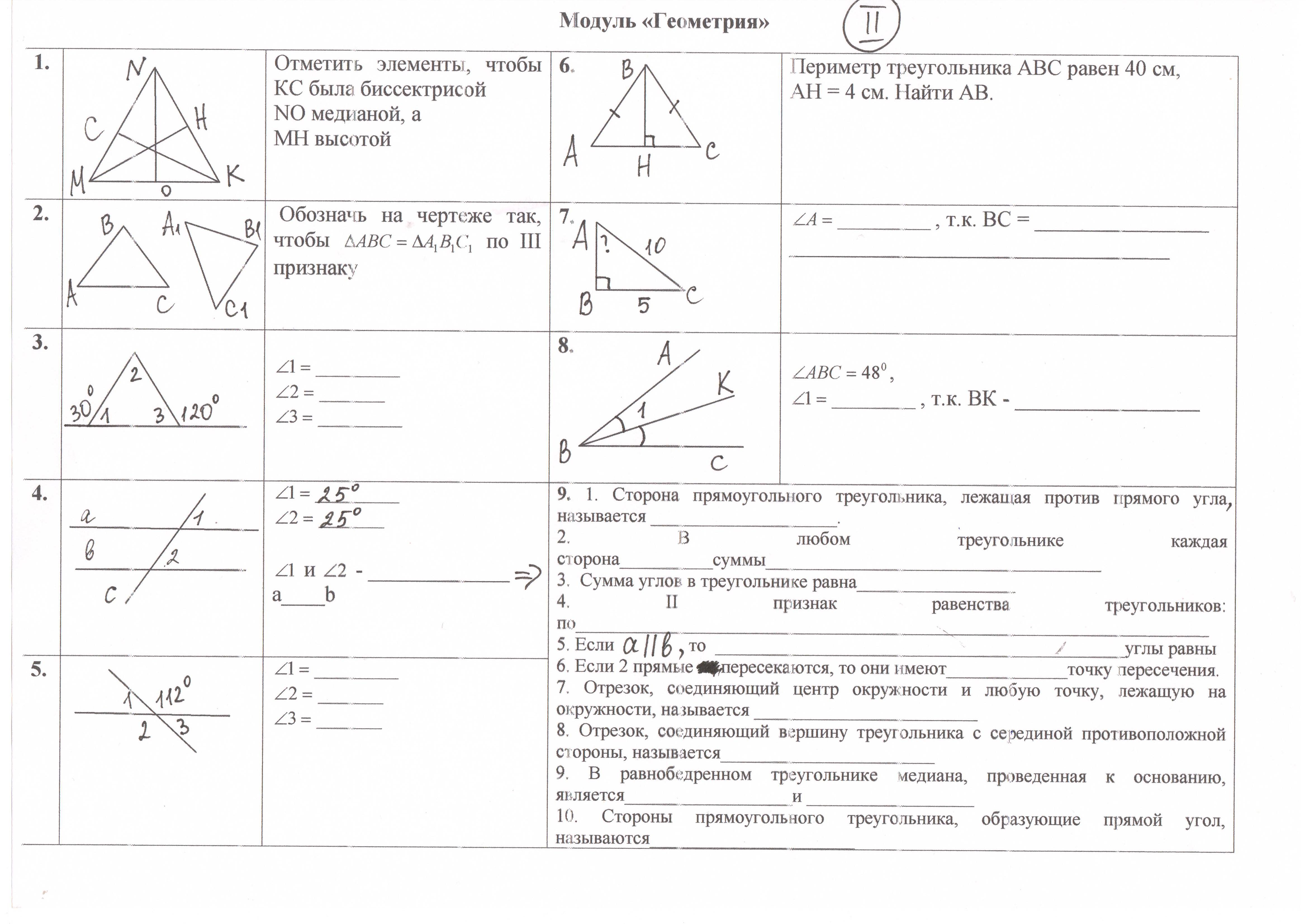 Годовая контрольная работа по математике (модуль геометрия)