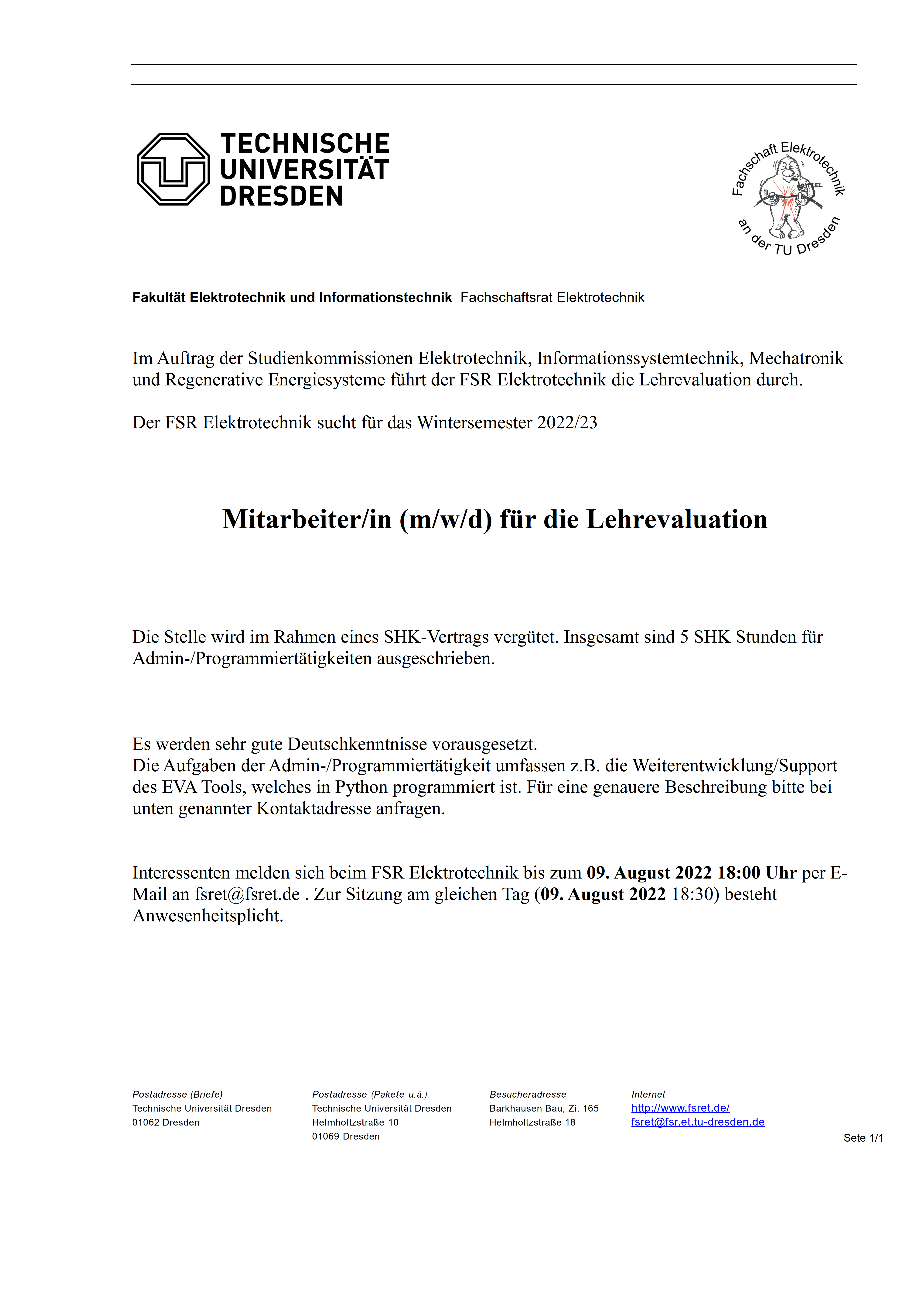 Ausschreibung EVAAdminStelle Wintersemester 22/23 Fachschaftsrat
