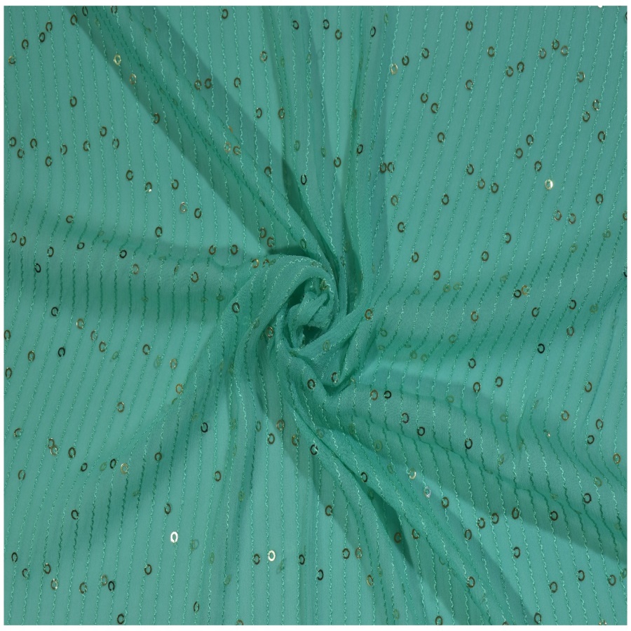 Mint Green Color Line Embroidery Sequins Chinon Chiffon Fabric Fabric