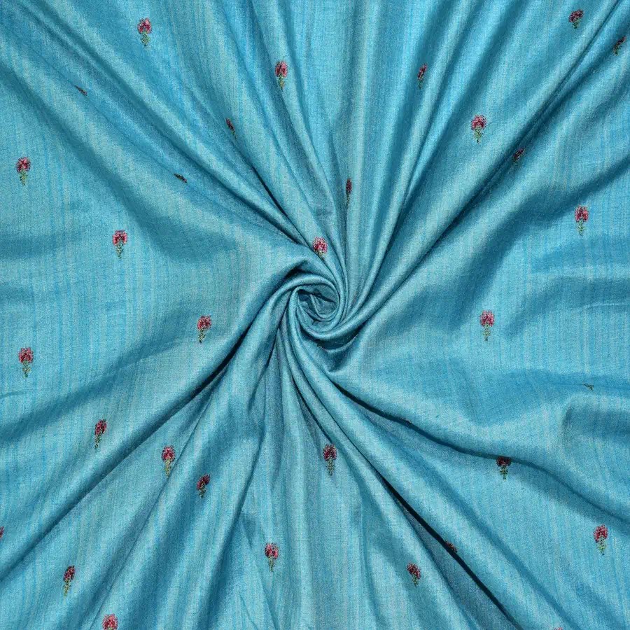 Green Color Small Floral Butti Embroidery Work Dyed Pure Tussar Silk