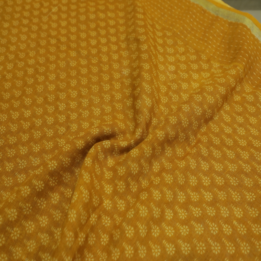 Yellow Color Floral Butti Pattern Pure Linen Screen Print Fabric