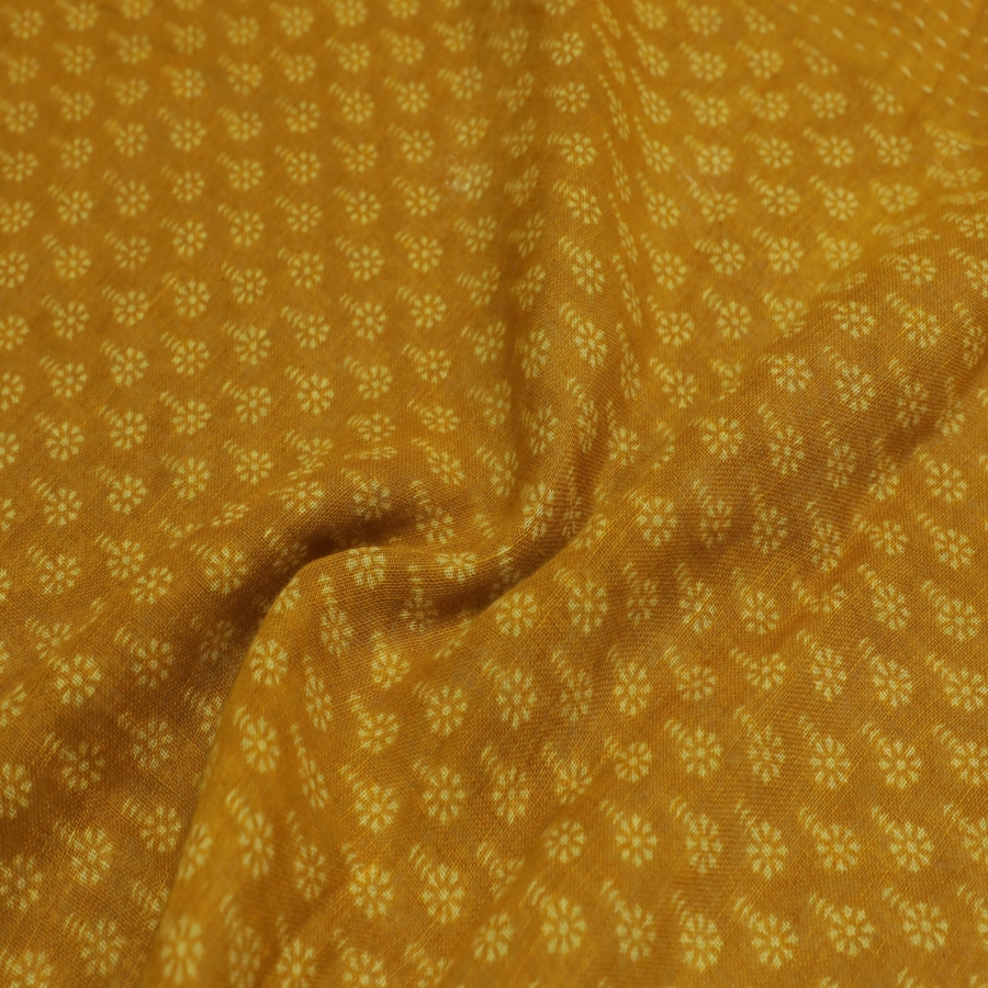 Yellow Color Floral Butti Pattern Pure Linen Screen Print Fabric