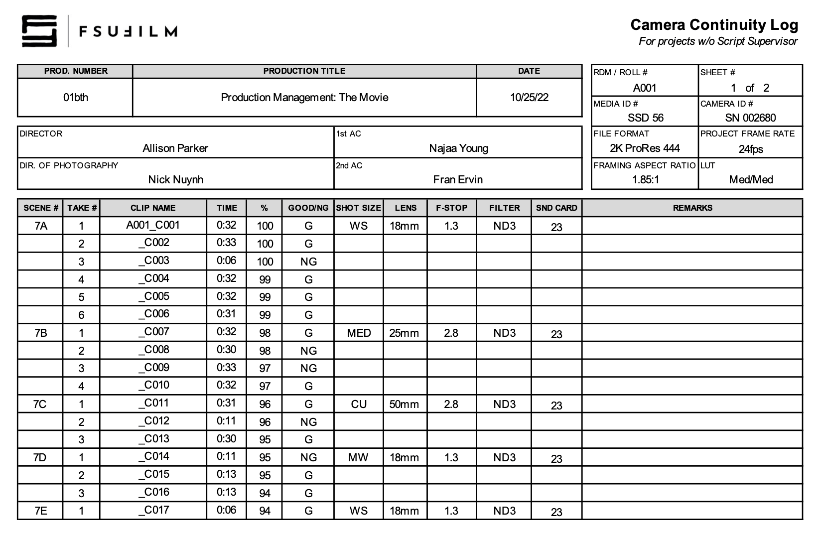 Camera Continuity Log FSU Film Handbook